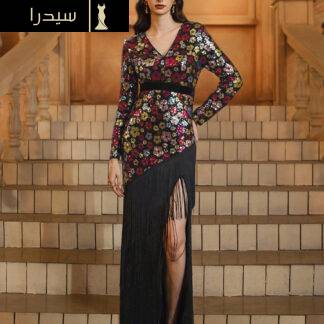 فستان مناسبات اعراس مزين بالترتر مزين بالزهور