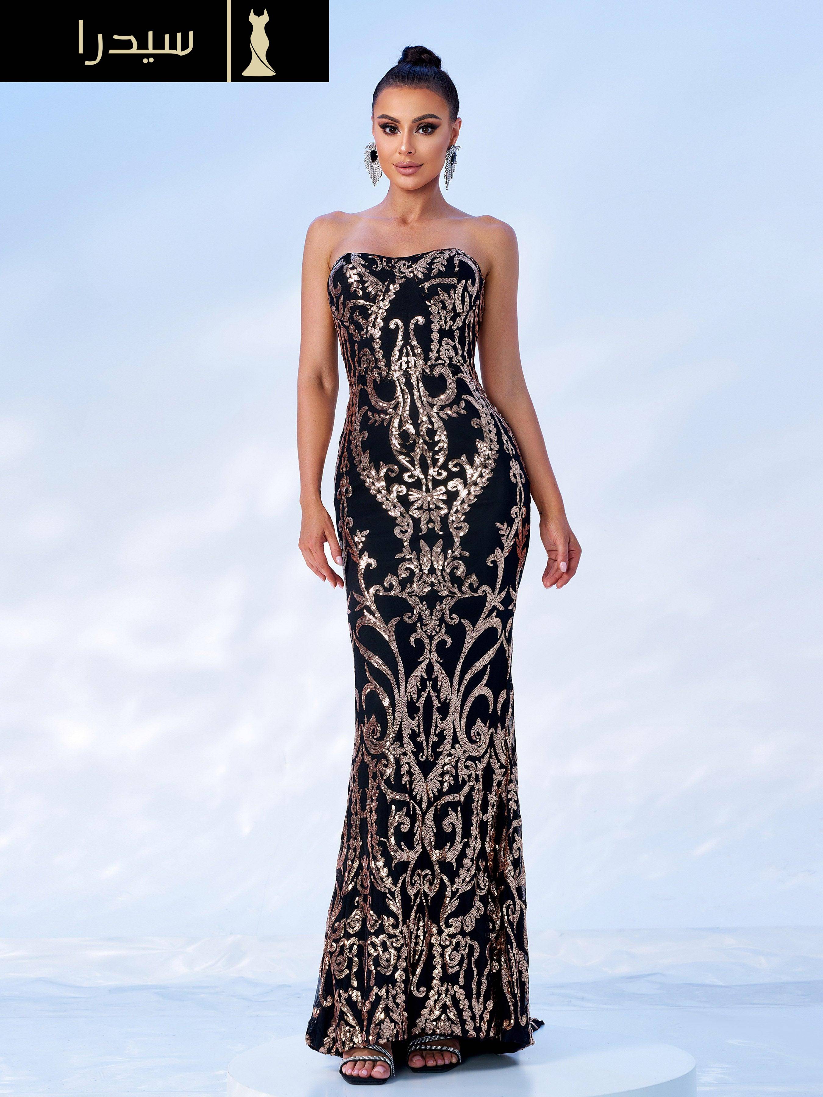 فستان ماكسي بدون حمالات مزين بالترتر - Image 4