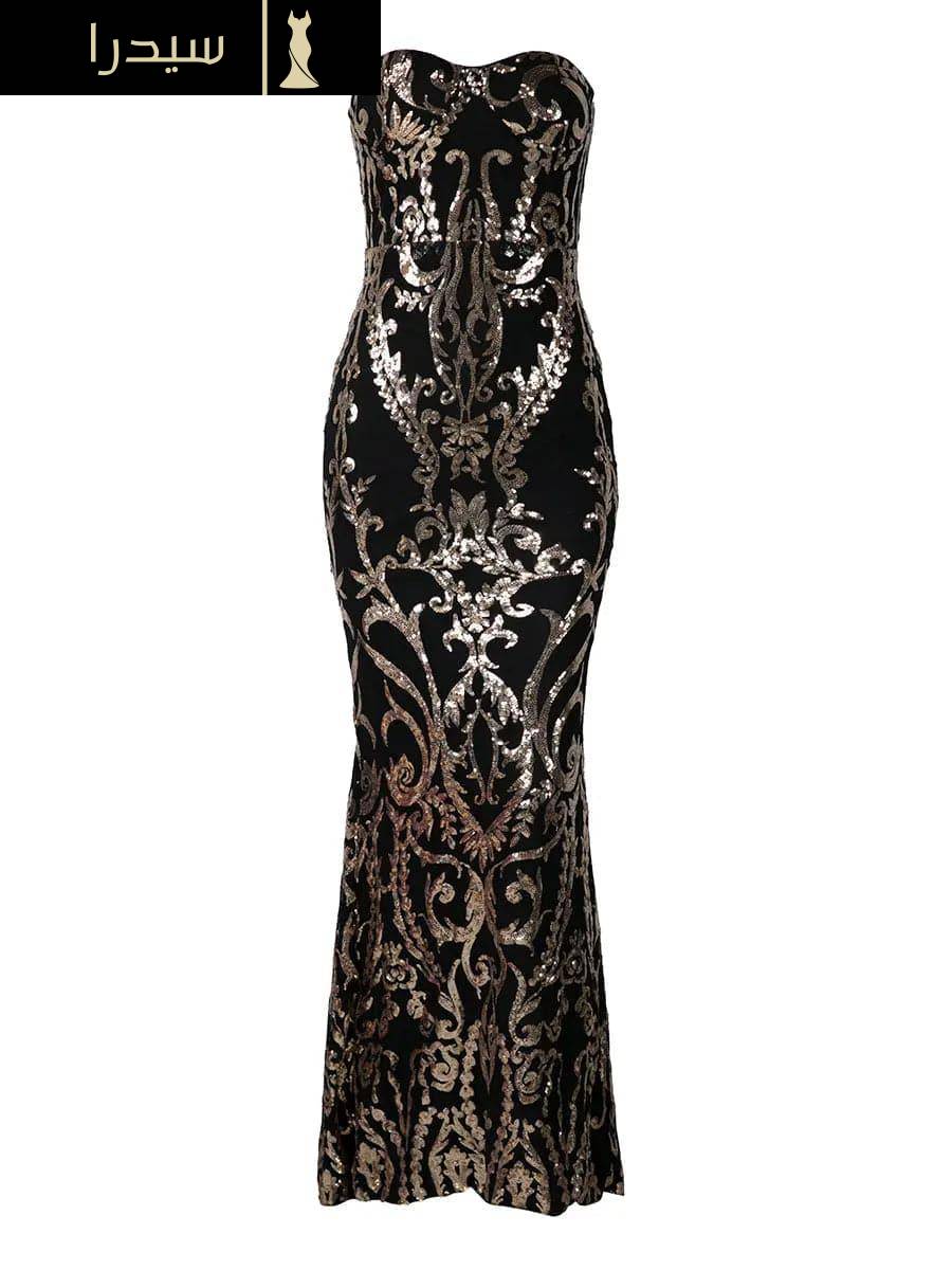 فستان ماكسي بدون حمالات مزين بالترتر - Image 2