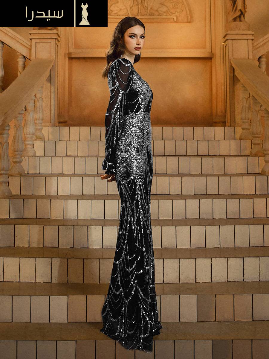 فستان رسمي باروكي مكشكش بالترتر الأسود - Image 3