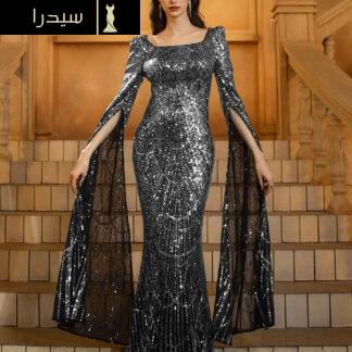 فستان رسمي فضي لامع عالي الخصر