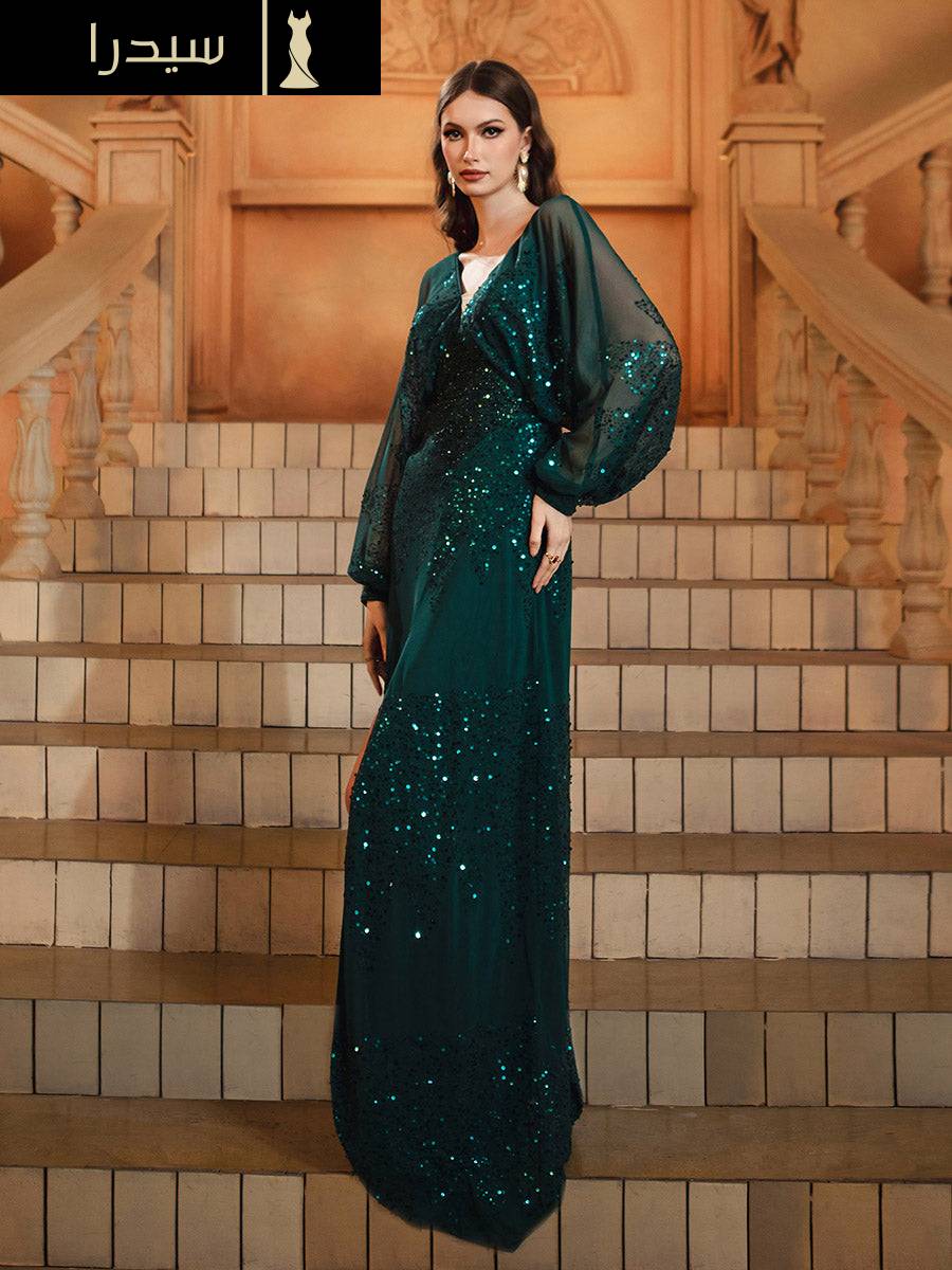 فستان مناسبات اعراس أسود بفتحة عالية وأكمام على شكل حرف V - Image 3