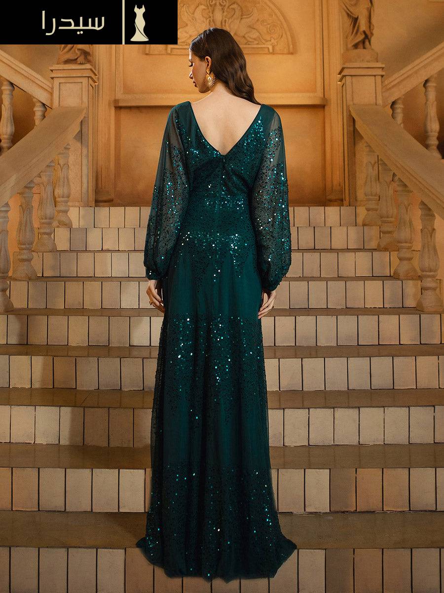 فستان مناسبات اعراس أسود بفتحة عالية وأكمام على شكل حرف V - Image 2