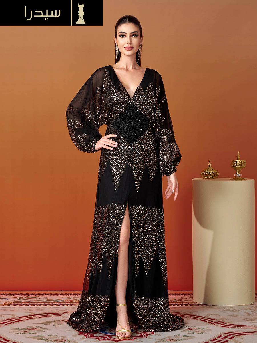 فستان مناسبات اعراس أسود بفتحة عالية وأكمام على شكل حرف V - Image 6