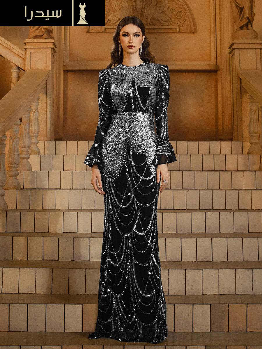 فستان رسمي باروكي مكشكش بالترتر الأسود - Image 4