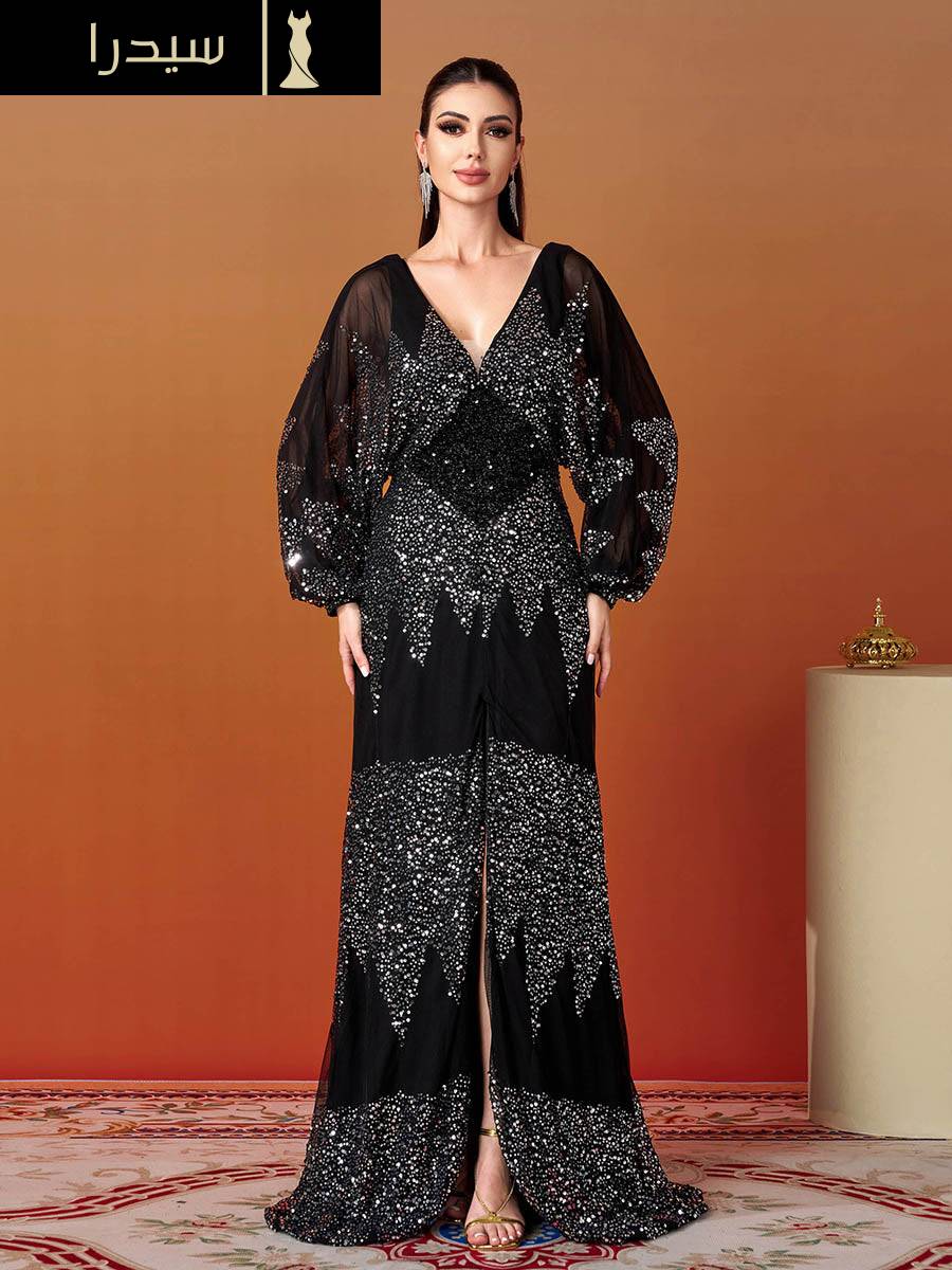 فستان مناسبات اعراس أسود بفتحة عالية وأكمام على شكل حرف V - Image 15