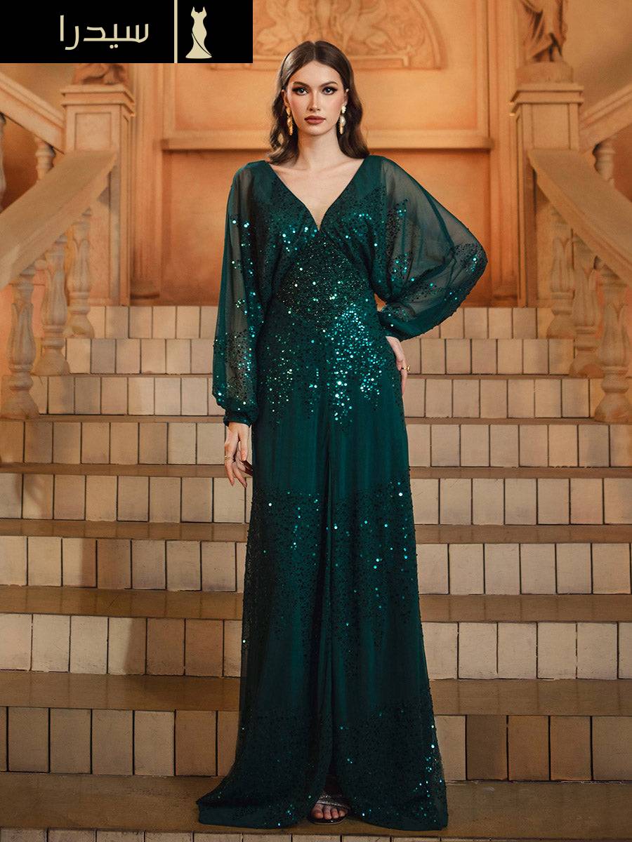 فستان مناسبات اعراس أسود بفتحة عالية وأكمام على شكل حرف V - Image 4