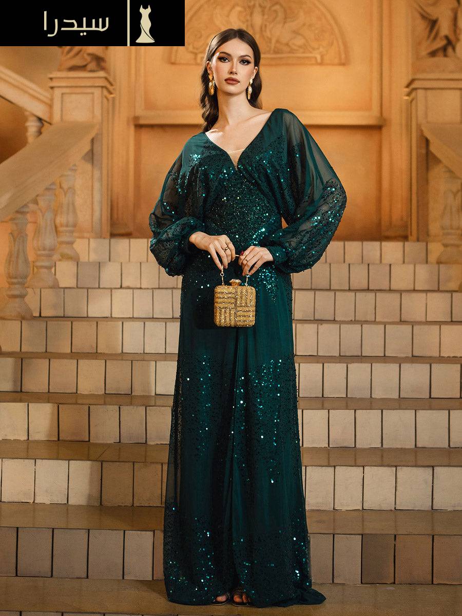 فستان مناسبات اعراس أسود بفتحة عالية وأكمام على شكل حرف V