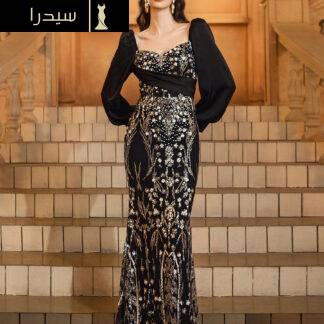 فستان مناسبات اعراس بأكمام طويلة مزين بالترتر الأسود