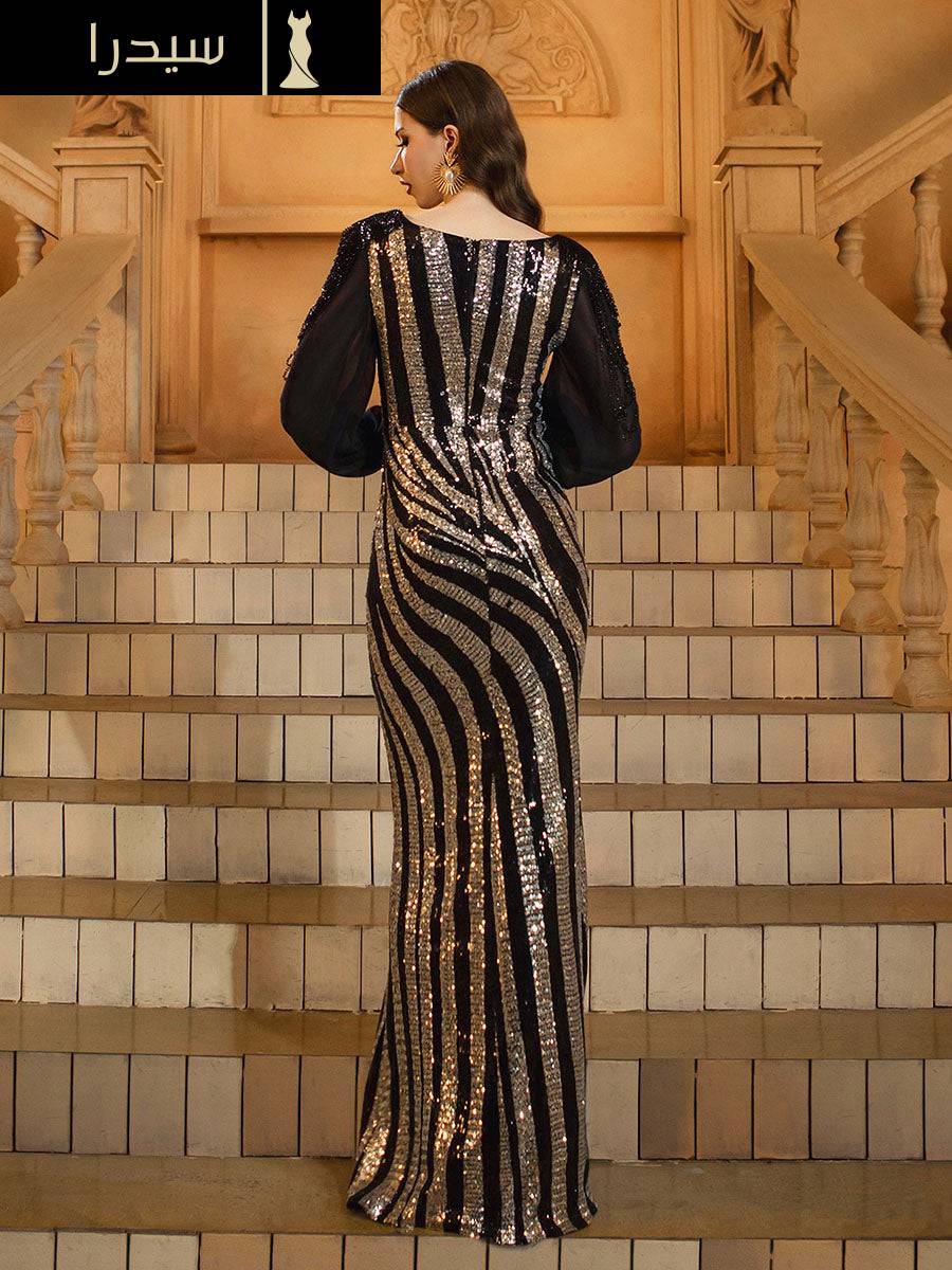 فستان مناسبات اعراس مصمم بالترتر الأسود - Image 2