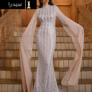 فستان عربي بياقة واقفة مزين بالترتر