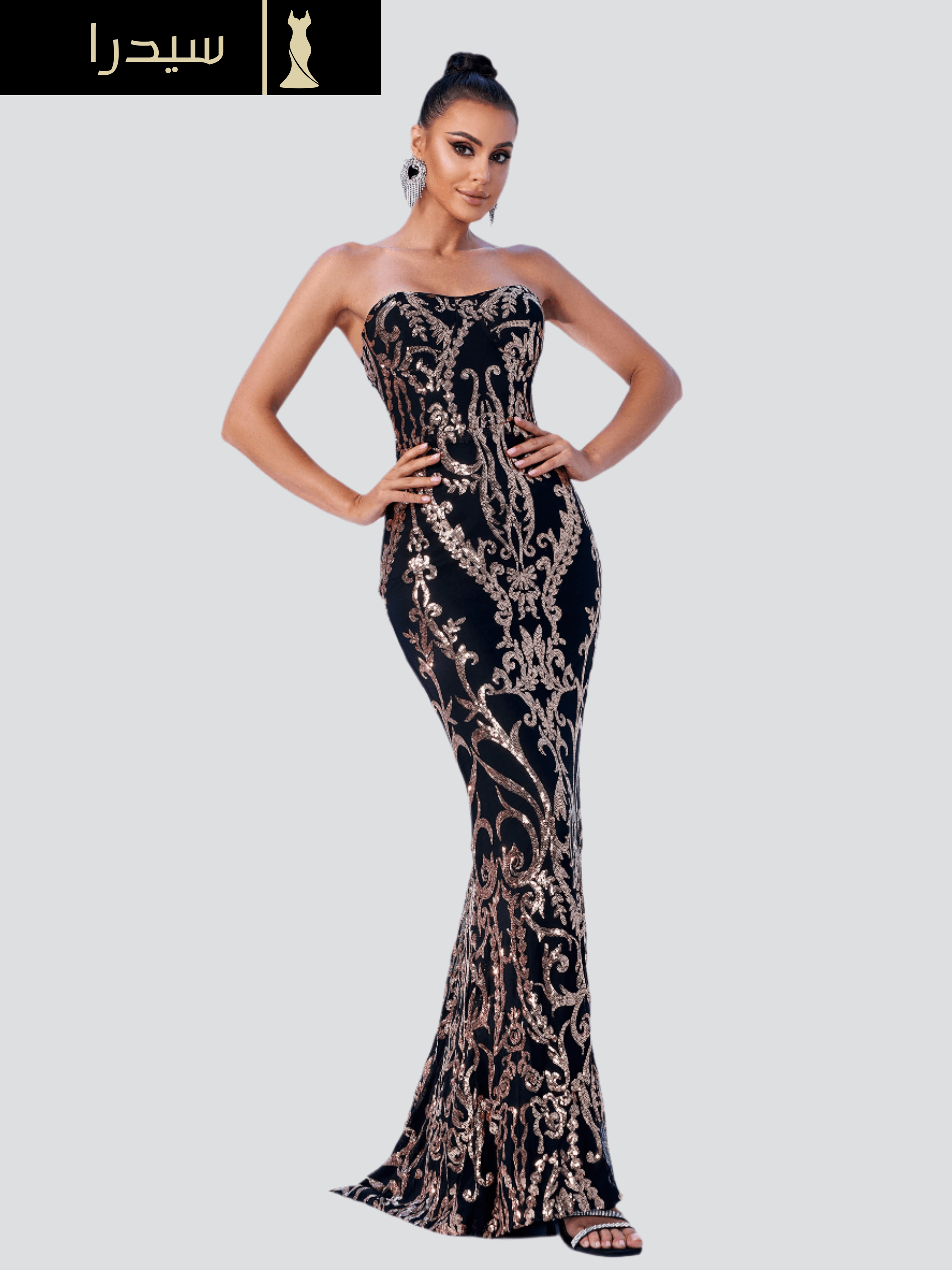 فستان ماكسي بدون حمالات مزين بالترتر