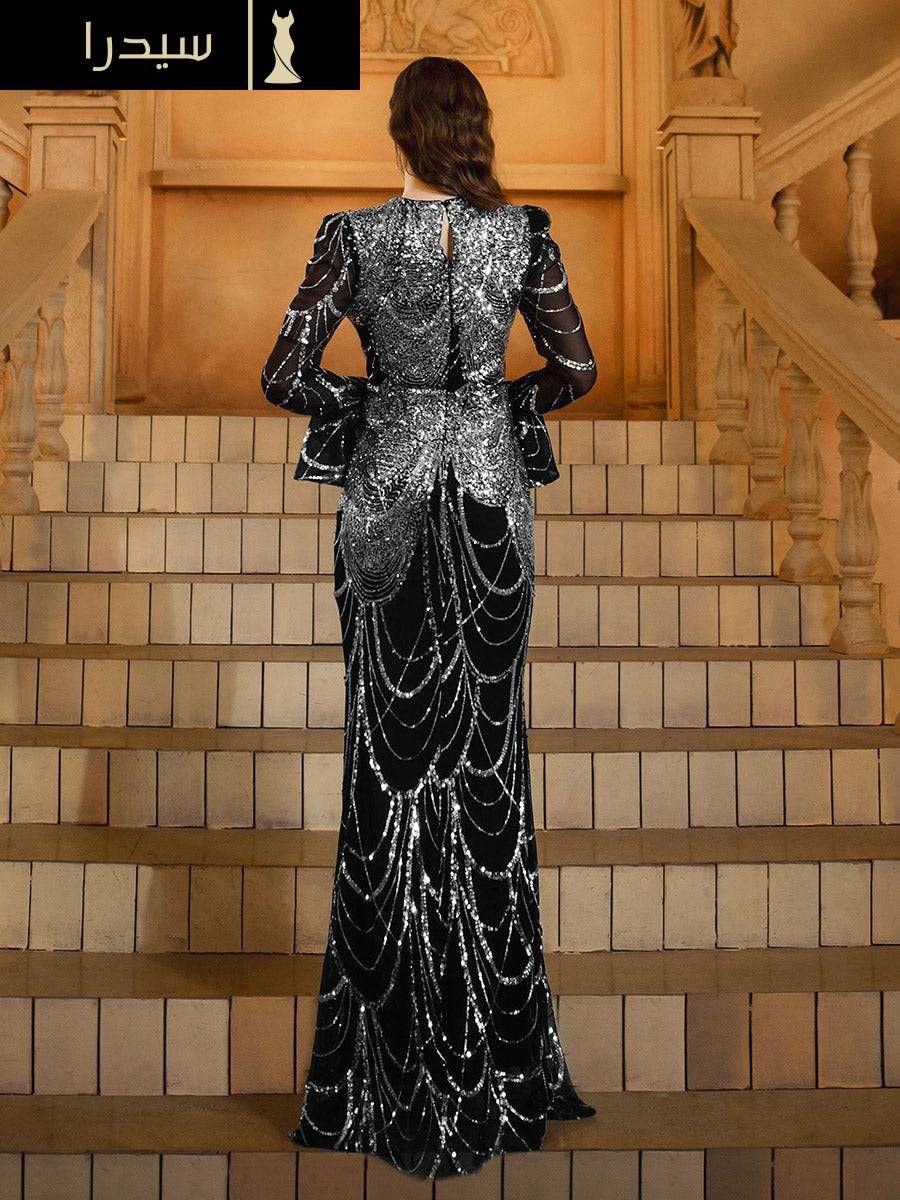 فستان رسمي باروكي مكشكش بالترتر الأسود - Image 2