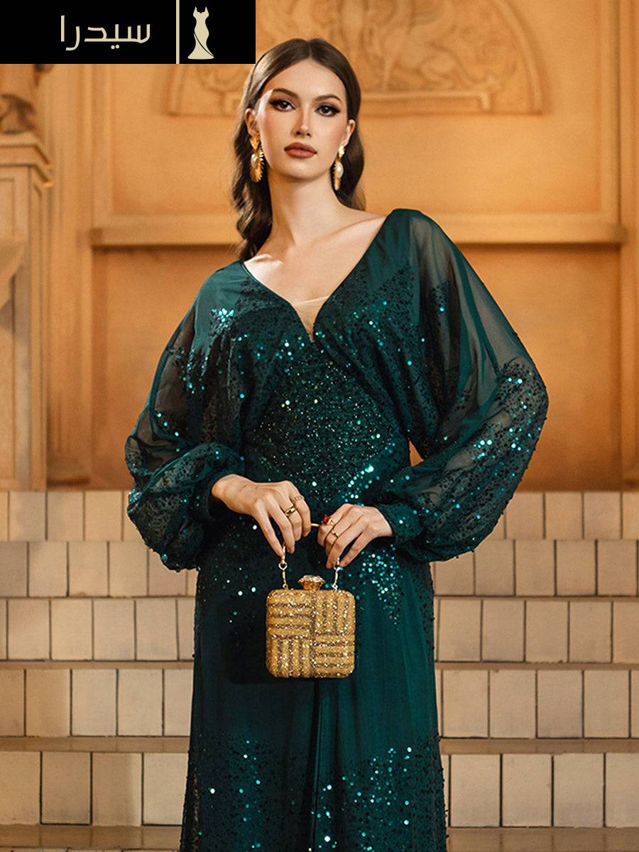 فستان مناسبات اعراس أسود بفتحة عالية وأكمام على شكل حرف V - Image 5