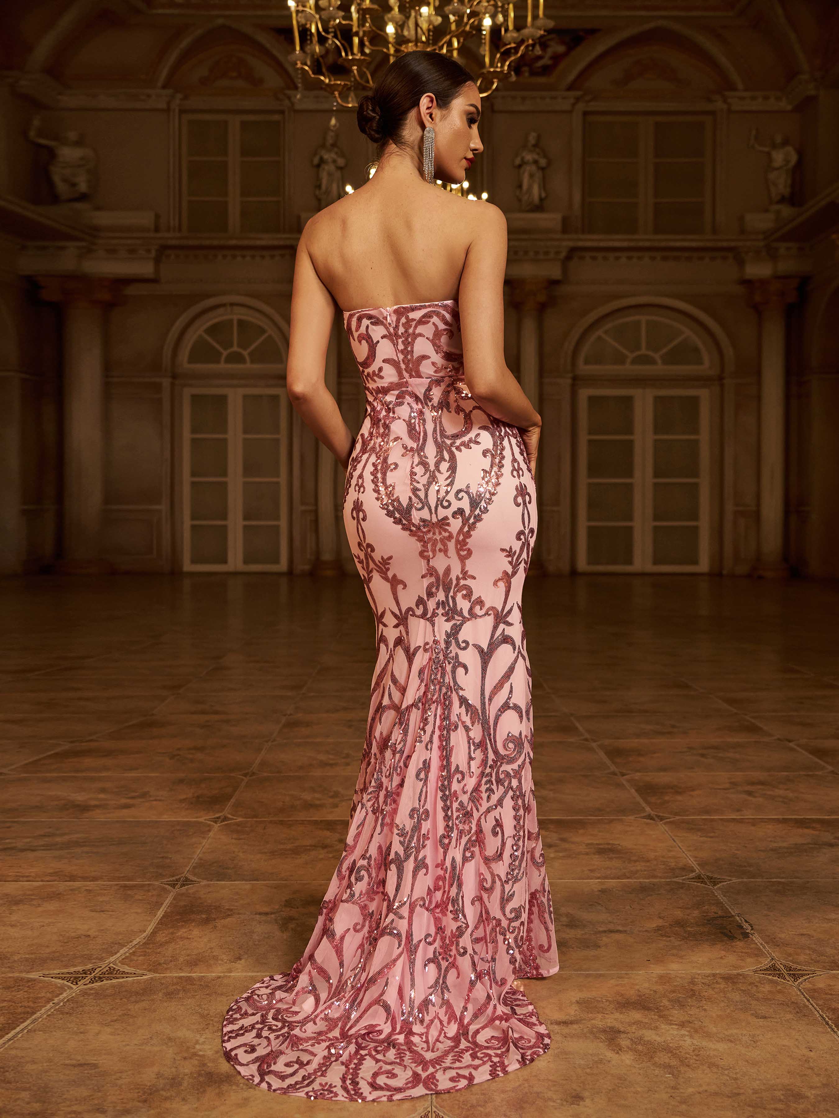 فستان حورية البحر بدون حمالات طويل مزين بالترتر - Image 3