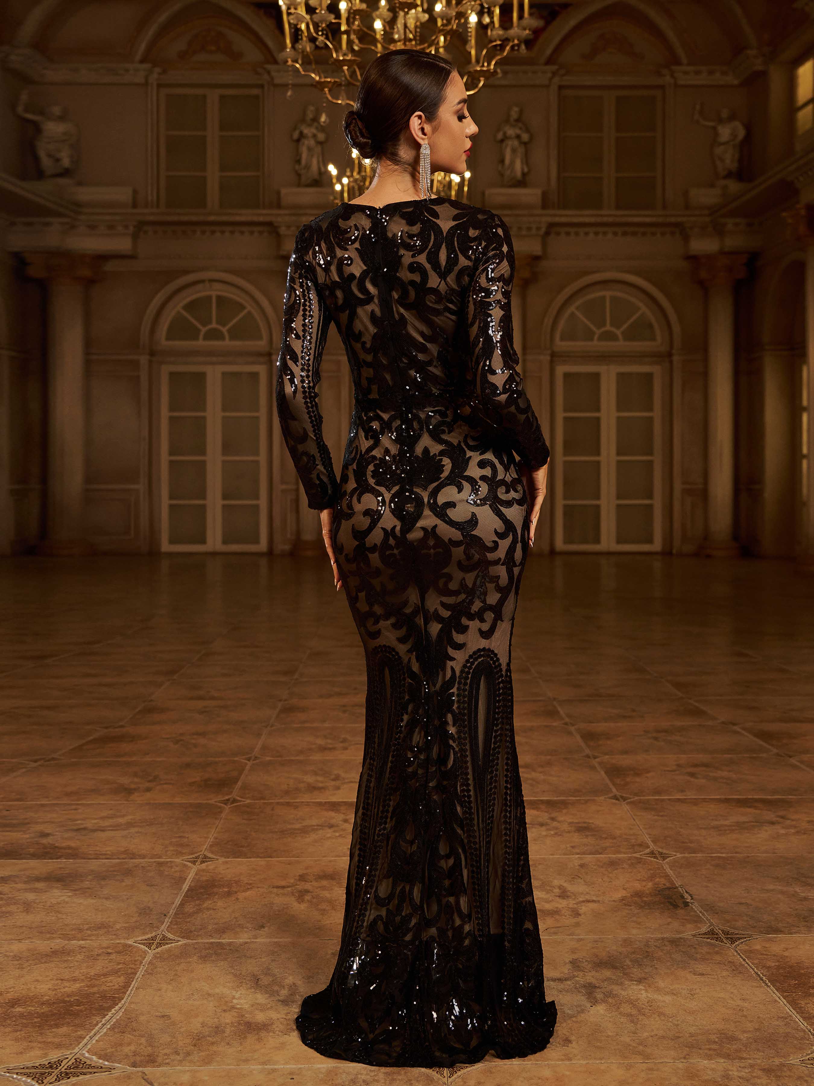 فستان رسمي بأكمام طويلة مزين بالترتر - Image 2