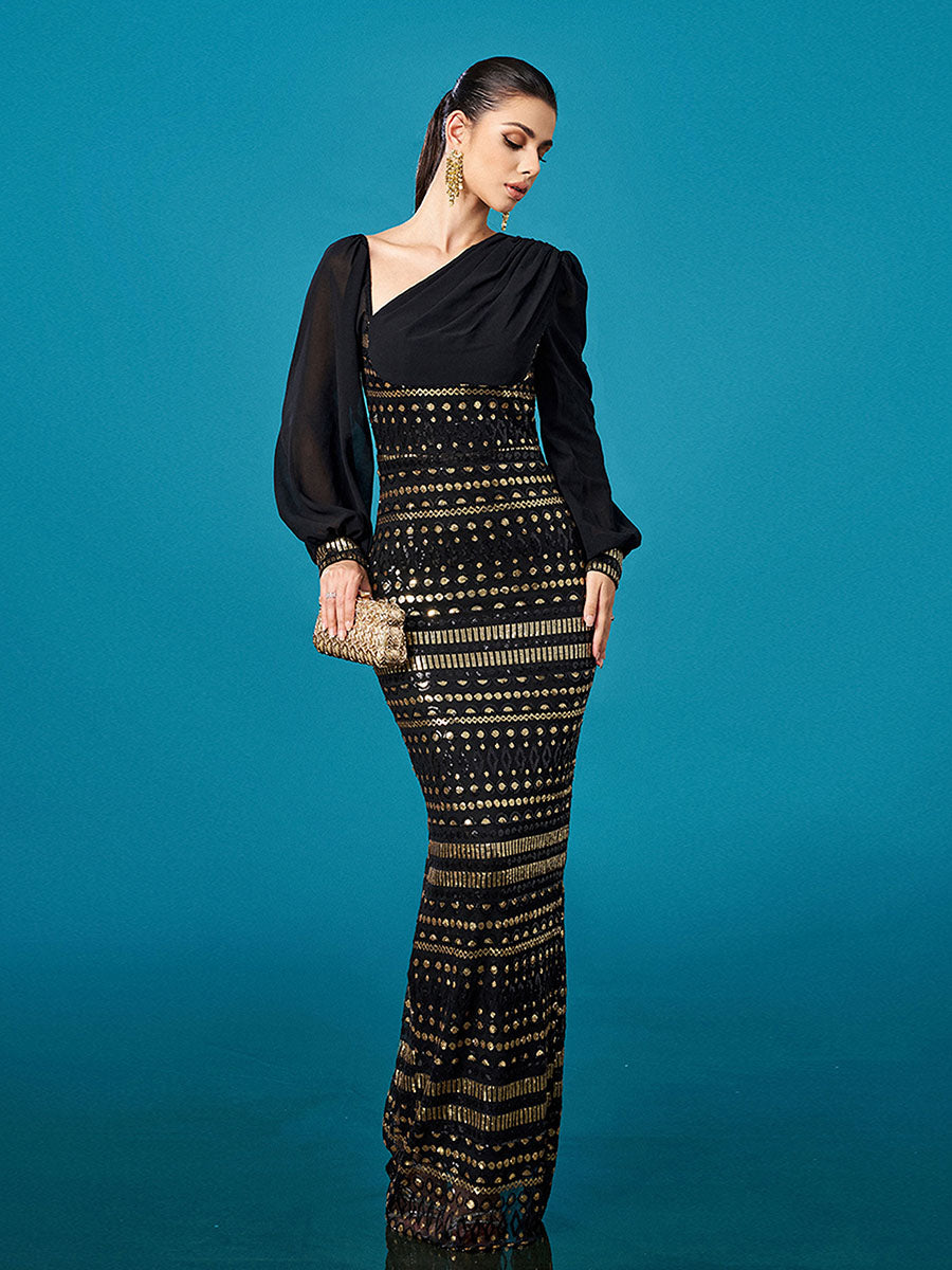 فستان أسود طويل الأكمام بالترتر - Image 4