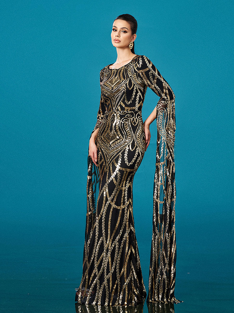 فستان رسمي بأكمام طويلة مزين بالترتر هندسي فاخر - Image 3