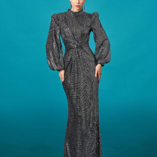 فستان رسمي طويل الأكمام قابل للطي بالترتر