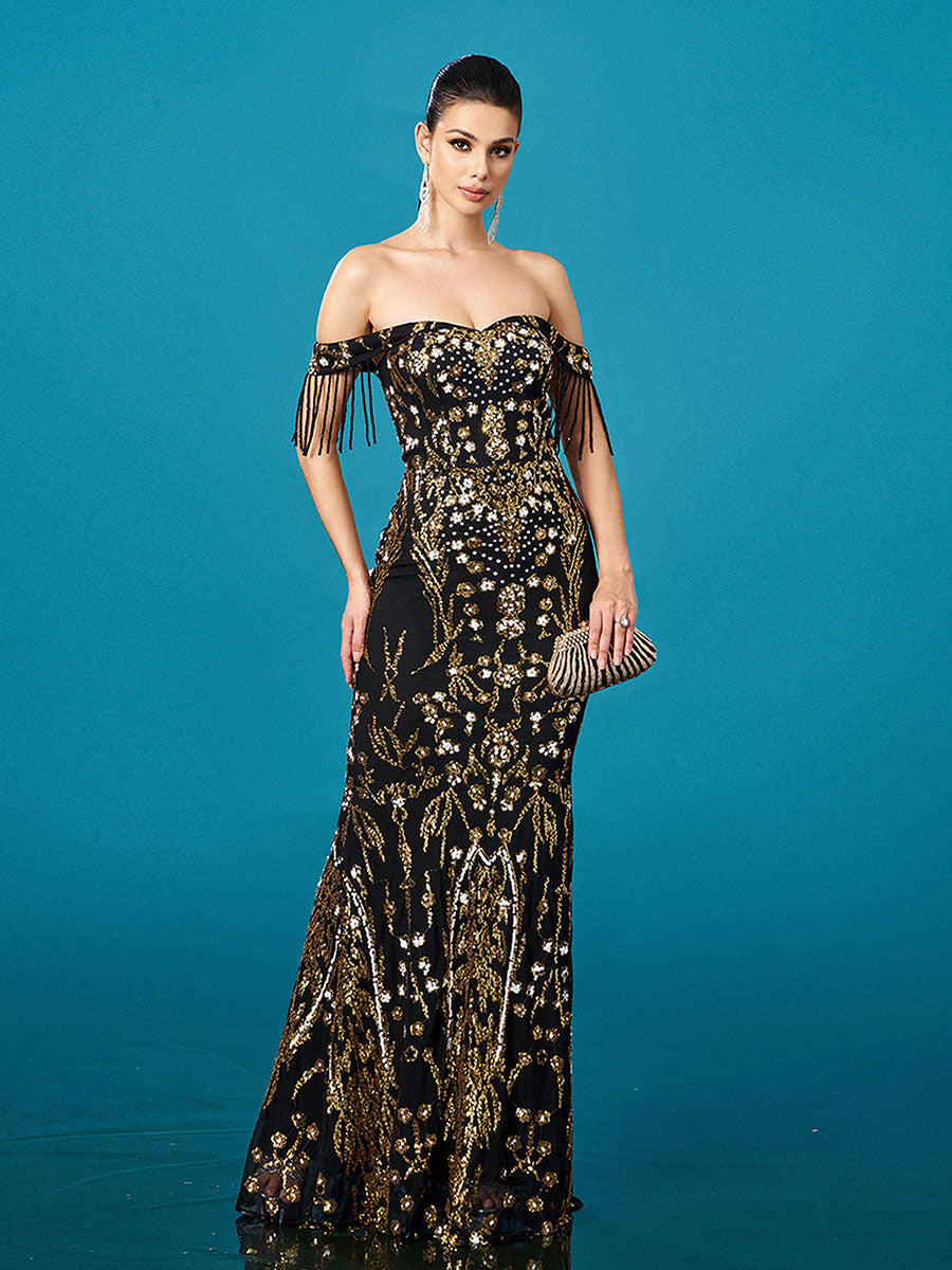 قبالة الكتف جذاب الأزهار الترتر فستان المناسبات الاعراس - Image 5