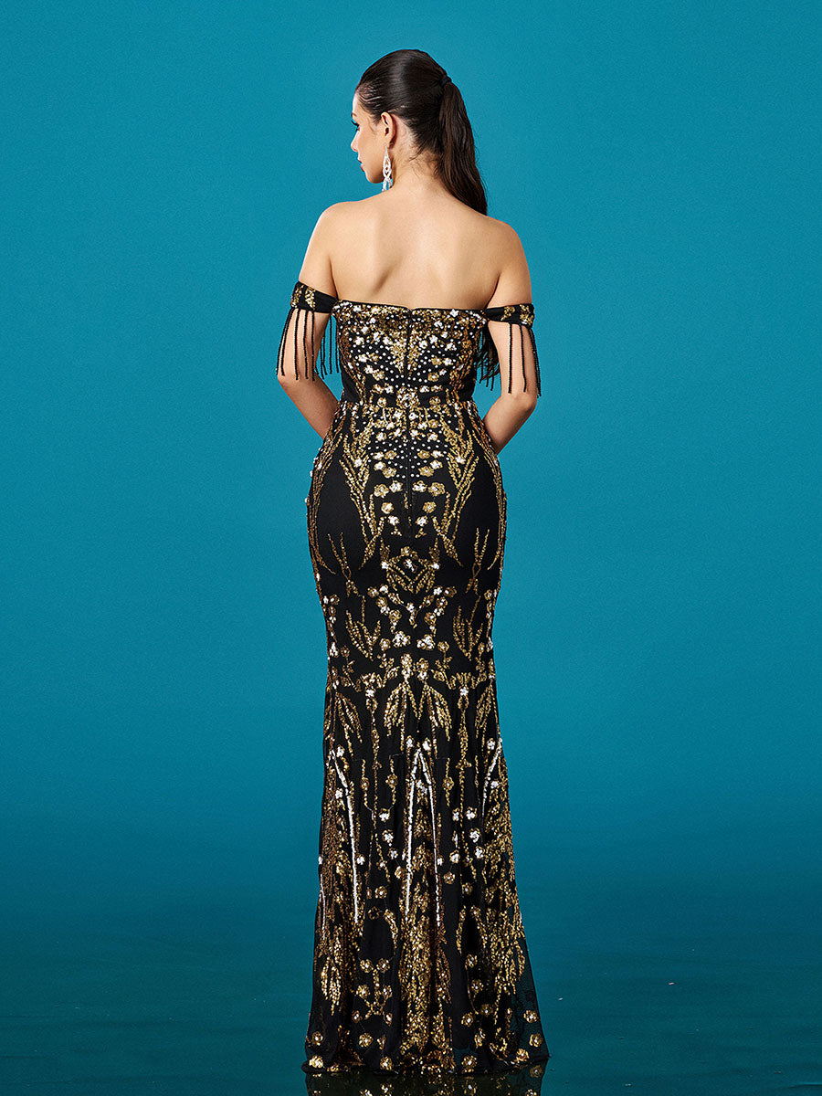 قبالة الكتف جذاب الأزهار الترتر فستان المناسبات الاعراس - Image 2