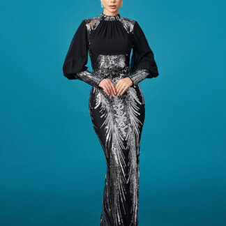 فستان المناسبات الاعراس  بأكمام بالون والترتر باللون الفضي