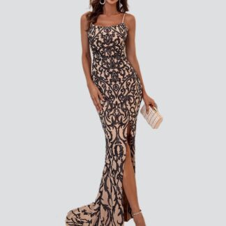 فستان سباغيتي أسود طويل مزين بالترتر