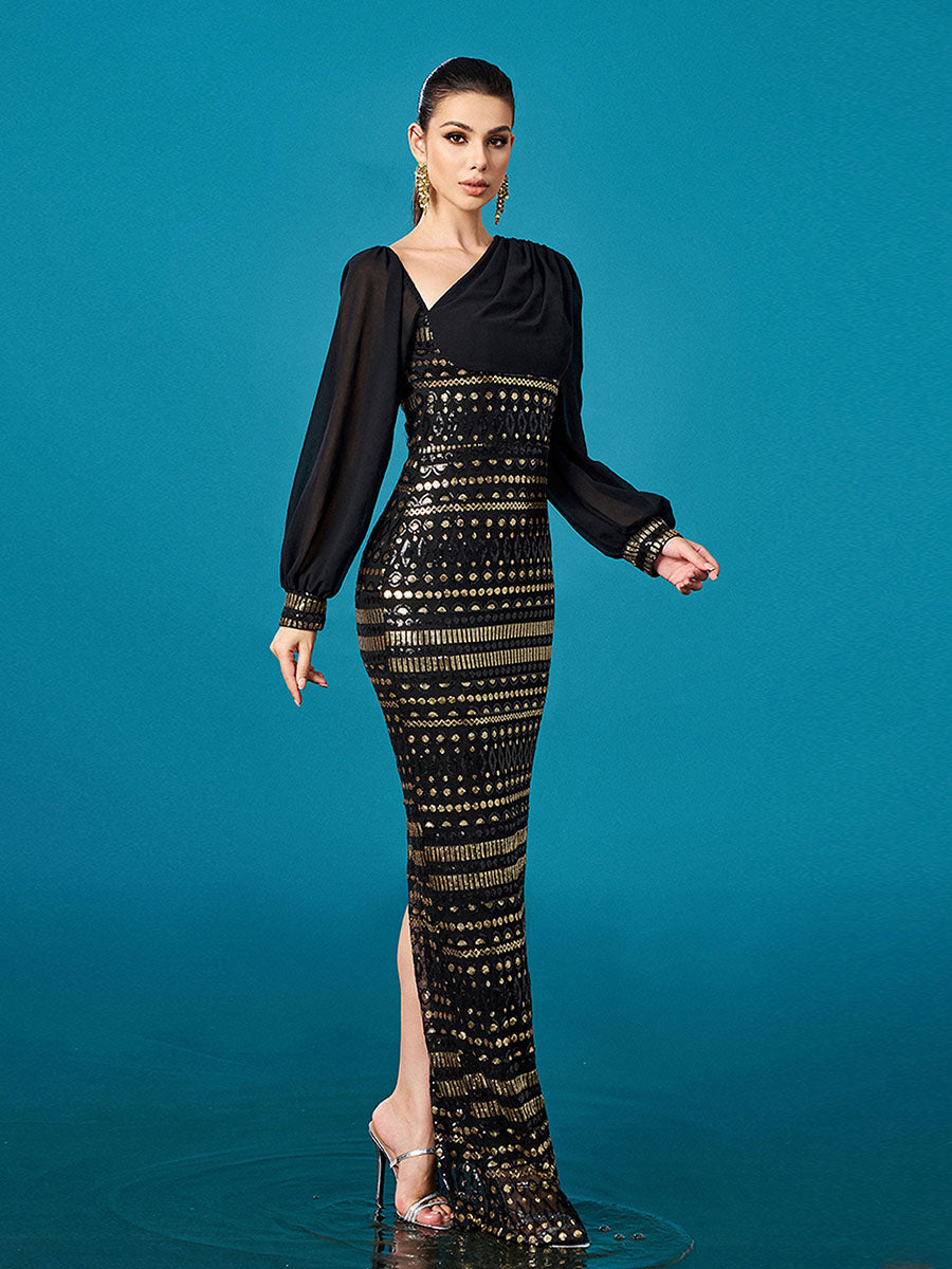 فستان أسود طويل الأكمام بالترتر - Image 3