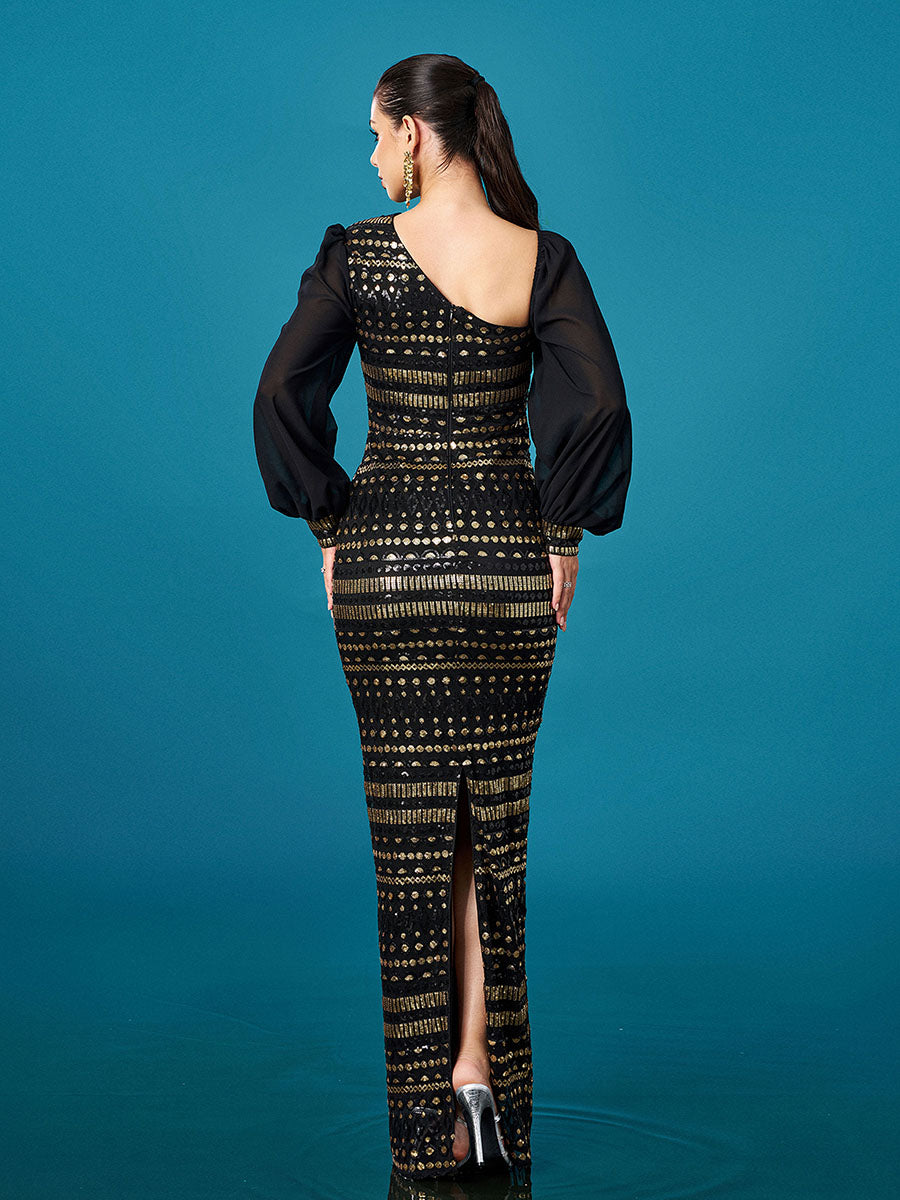 فستان أسود طويل الأكمام بالترتر - Image 2