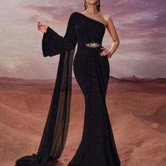 فستان سهرة أسود شيفون بكتف واحد وحورية البحر