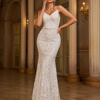 فستان زفاف حورية البحر بفتحة رقبة على شكل حرف V