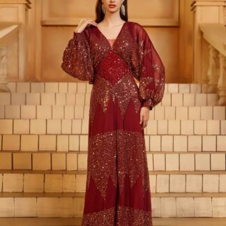 فستان سهرة أنيق من الترتر الكبدي بتصميم A-line،