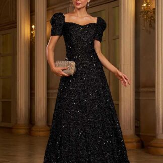 فستان ماكسي أصفر فاتح بأكمام منتفخة ومزين بالترتر