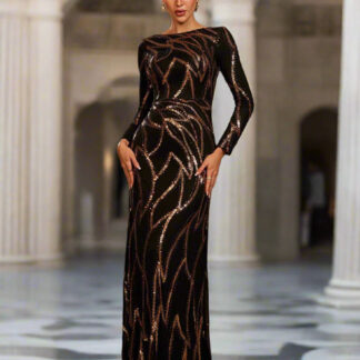 فستان أسود بأكمام طويلة وقصة A ومزين بالترتر