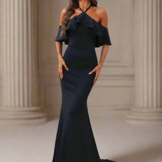 فستان ماكسي أسود بدون ظهر بتصميم حورية البحر لحفلات التخرج والمناسبات