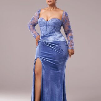 فستان المناسبات الاعراس المطرز ب أزرق