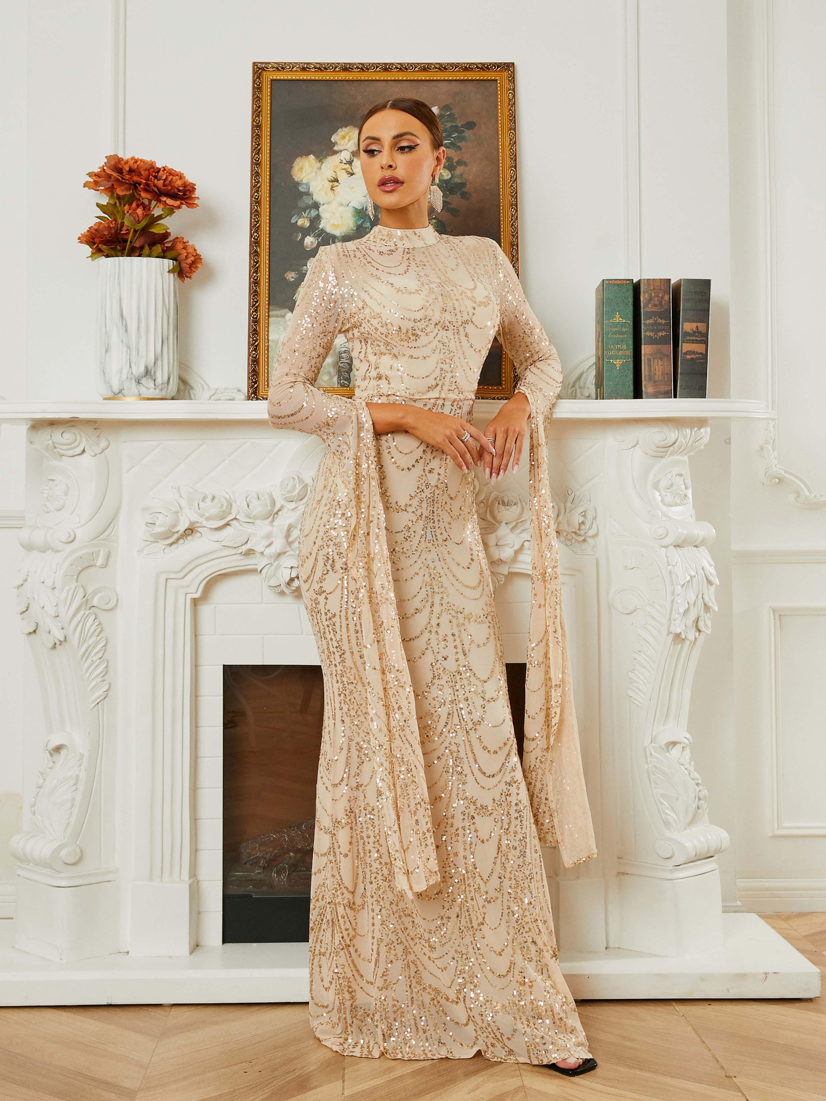 فستان سهرة بأكمام طويلة وياقة حورية البحر - Image 4