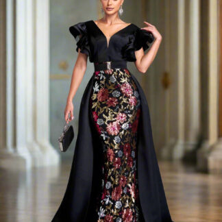 فستان سهرة بحزام مزين بالترتر الأسود