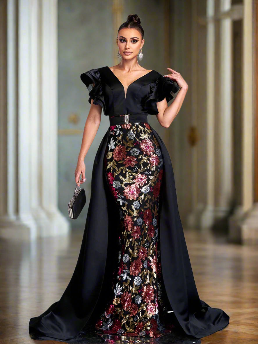 فستان سهرة بحزام مزين بالترتر الأسود