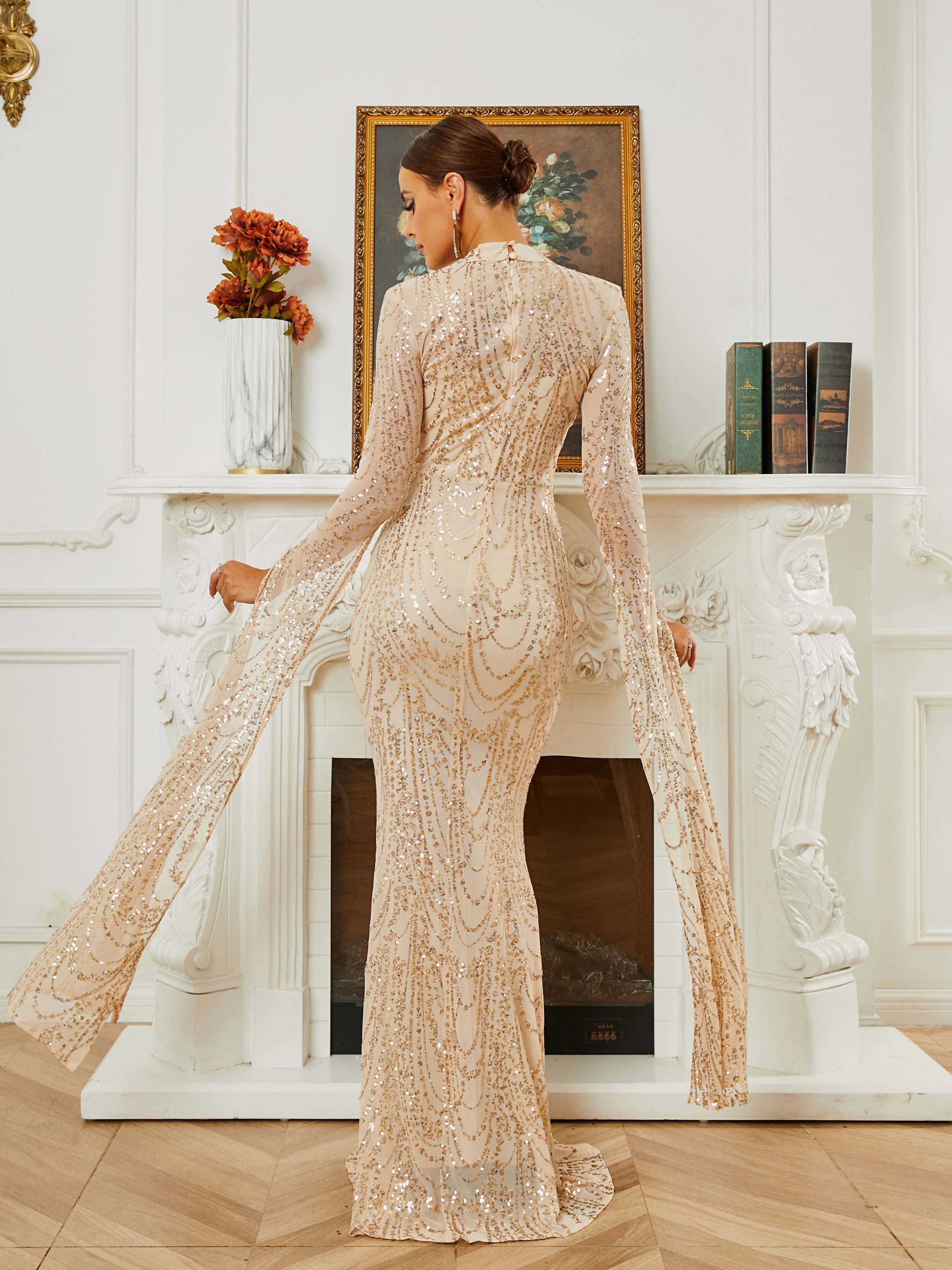 فستان سهرة بأكمام طويلة وياقة حورية البحر - Image 2