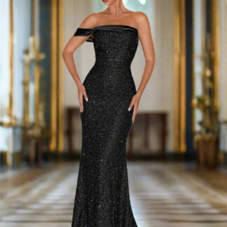 فستان سهرة حورية البحر باللون الأسود بدون حمالات