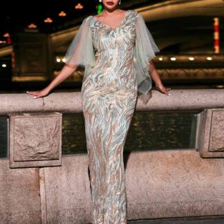 فستان مناسبات بأكمام شبكية على شكل حرف V