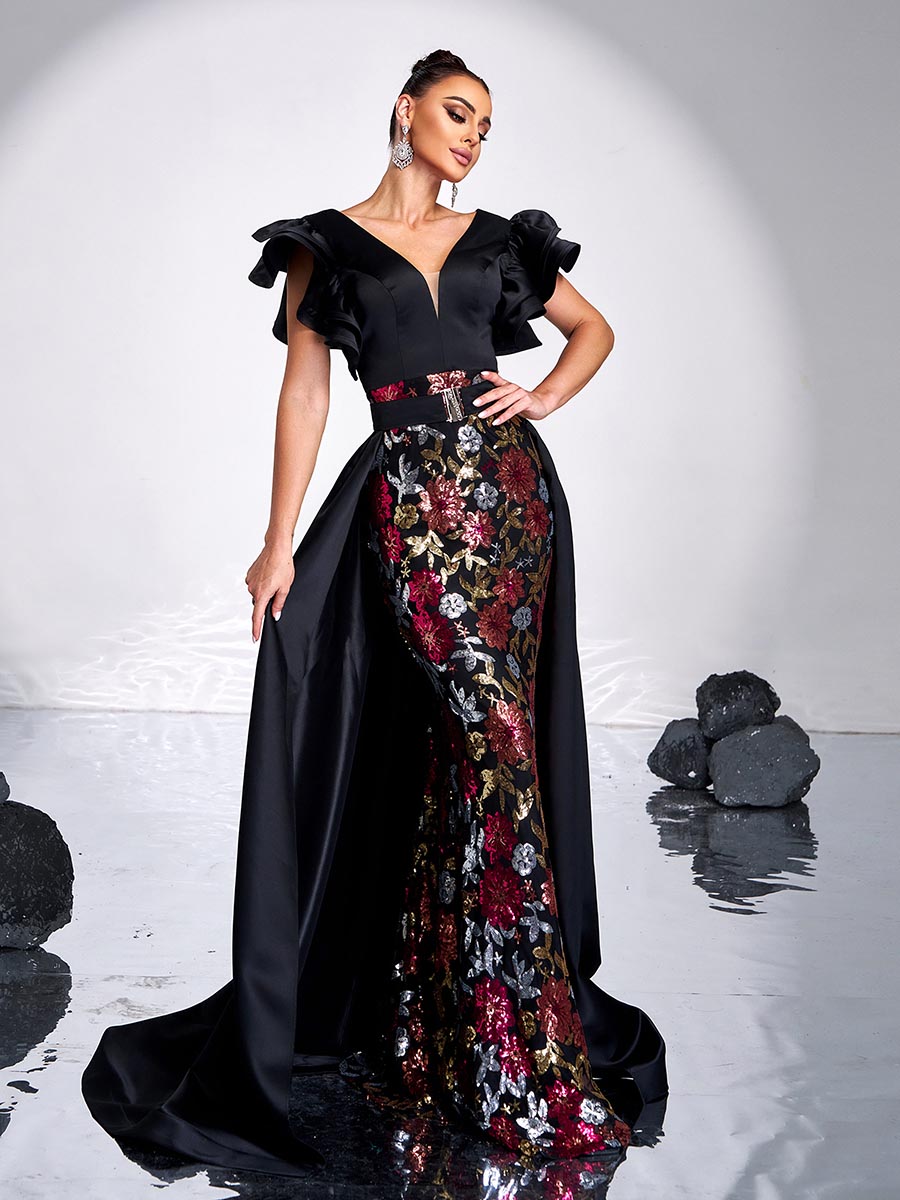 فستان سهرة بحزام مزين بالترتر الأسود - Image 3