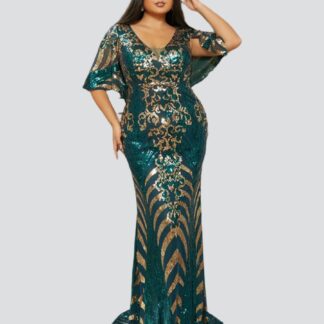 فستان حورية البحر ذو الترتر الأخضر برقبة على شكل حرف V