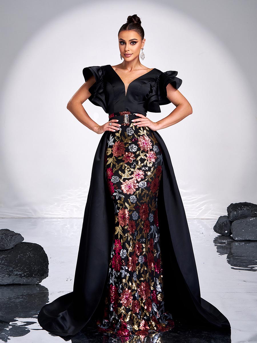 فستان سهرة بحزام مزين بالترتر الأسود - Image 4