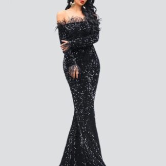 قبالة الكتف ريشة الترتر فستان