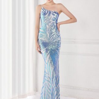 فستان بتصميم حورية البحر بكتف واحد مزين بالترتر