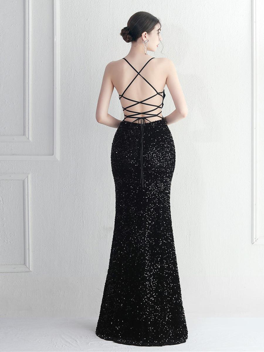 فستان من السباغيتي مزين بالترتر وظهر من الدانتيل - Image 2