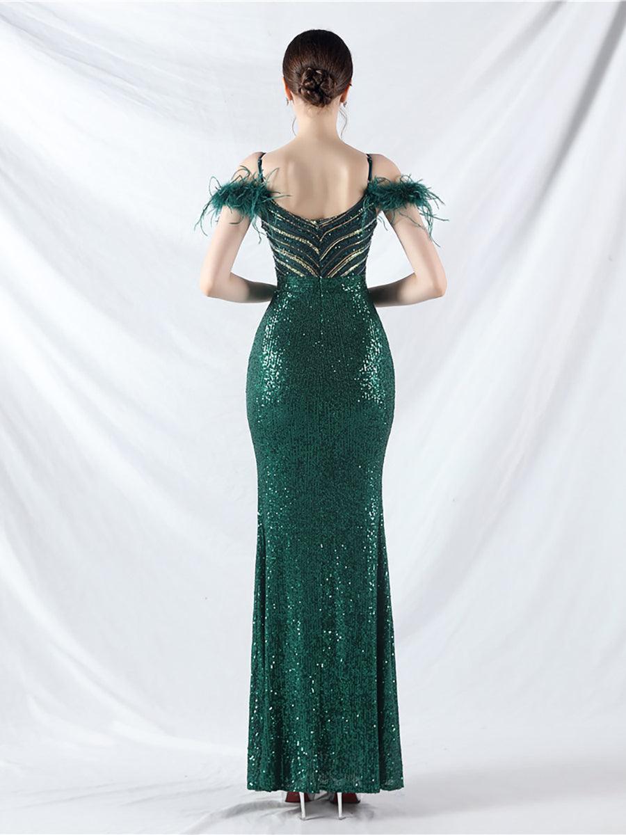 فستان مزين بالترتر والريش على الكتف - Image 10