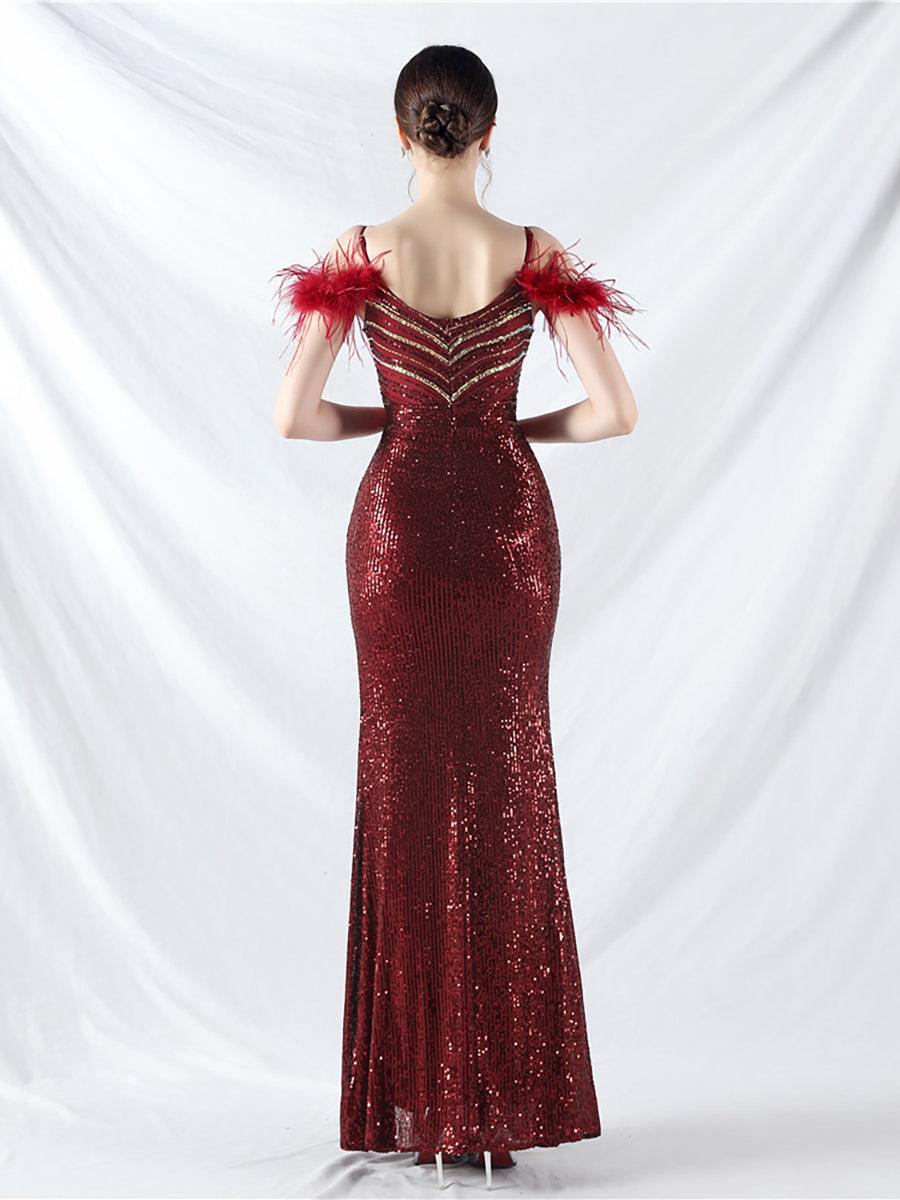 فستان مزين بالترتر والريش على الكتف - Image 7